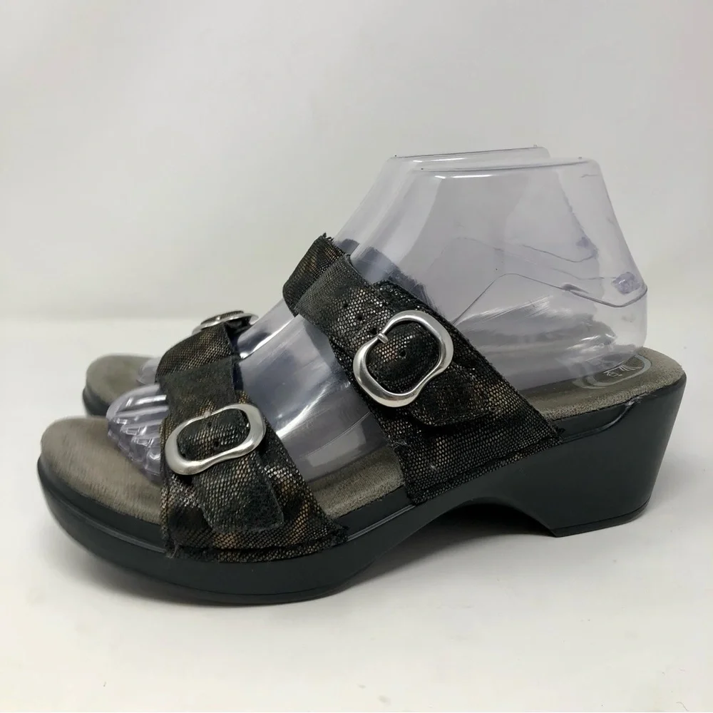 Dansko Sophie Shagreen Metallic Python Print Leather Chunky Heel Sandals Black